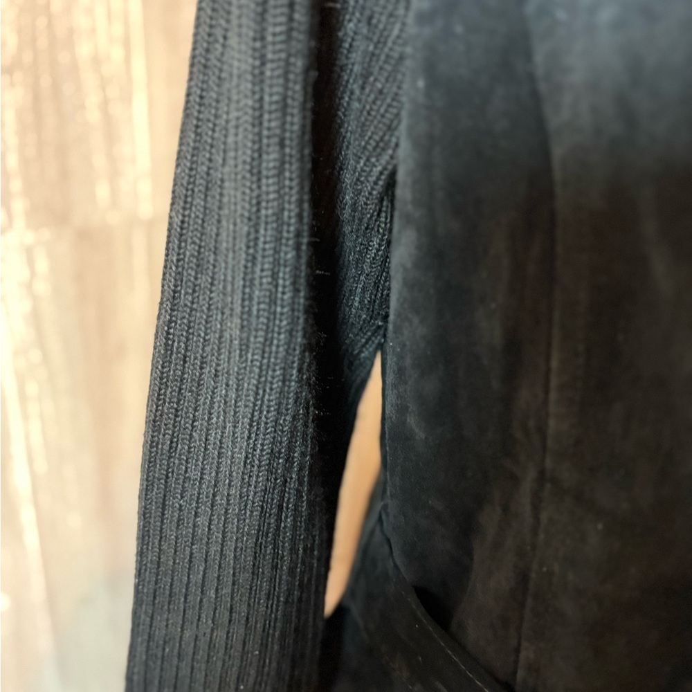 Clothes By Revue Elegant Black Suede Leather Coat Knit Sleeves with Belt Vintage - Picture 3 of 10